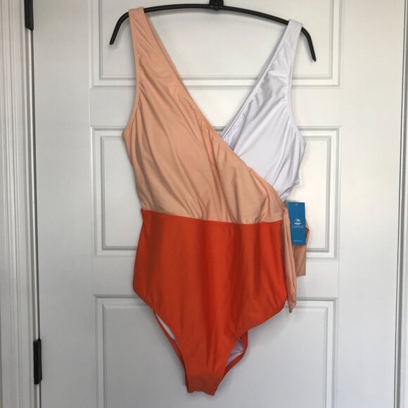 Cupshe Faux Wrap One Piece Swimsuit Women's XXL Color Block Orange, Peach NEW - Picture 3 of 12